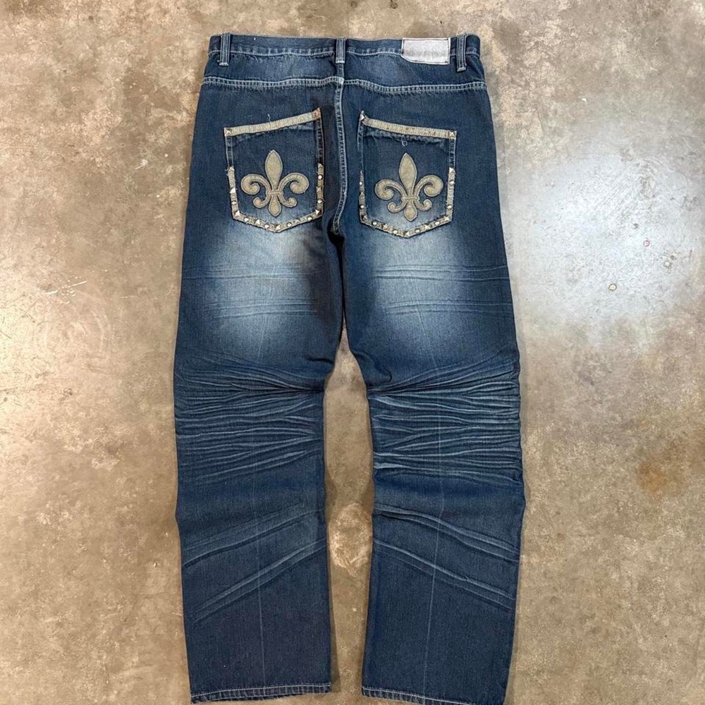 PJ Mark Y2K Dark Wash Distressed Baggy Jeans 38x33 Fleur De Lis Skater Denim